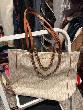 Michael Kors Cream Signature Tote with Tan Trim and Chain Handles